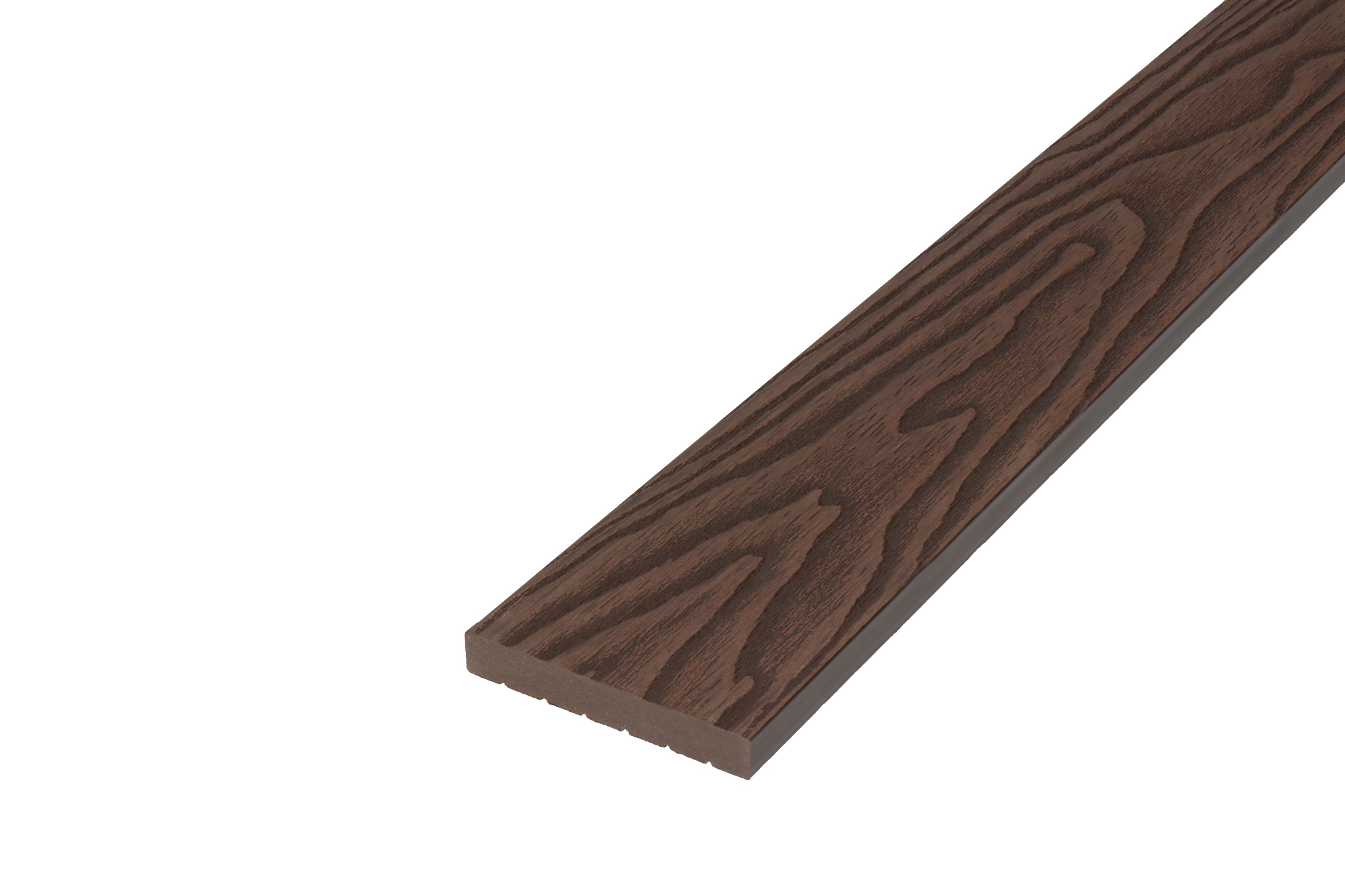 A sample of a dark brown composite skirting board with a wood-grain texture on a white background.